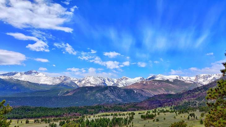 Rocky Mountain range against partially cloudy skies with trees in the foreground