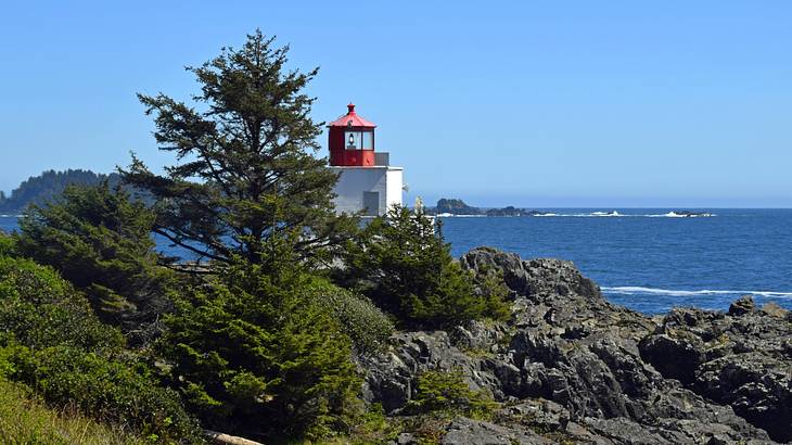 Lighthouse in between trees and rocks in Ucluelet, Vancouver Island, BC