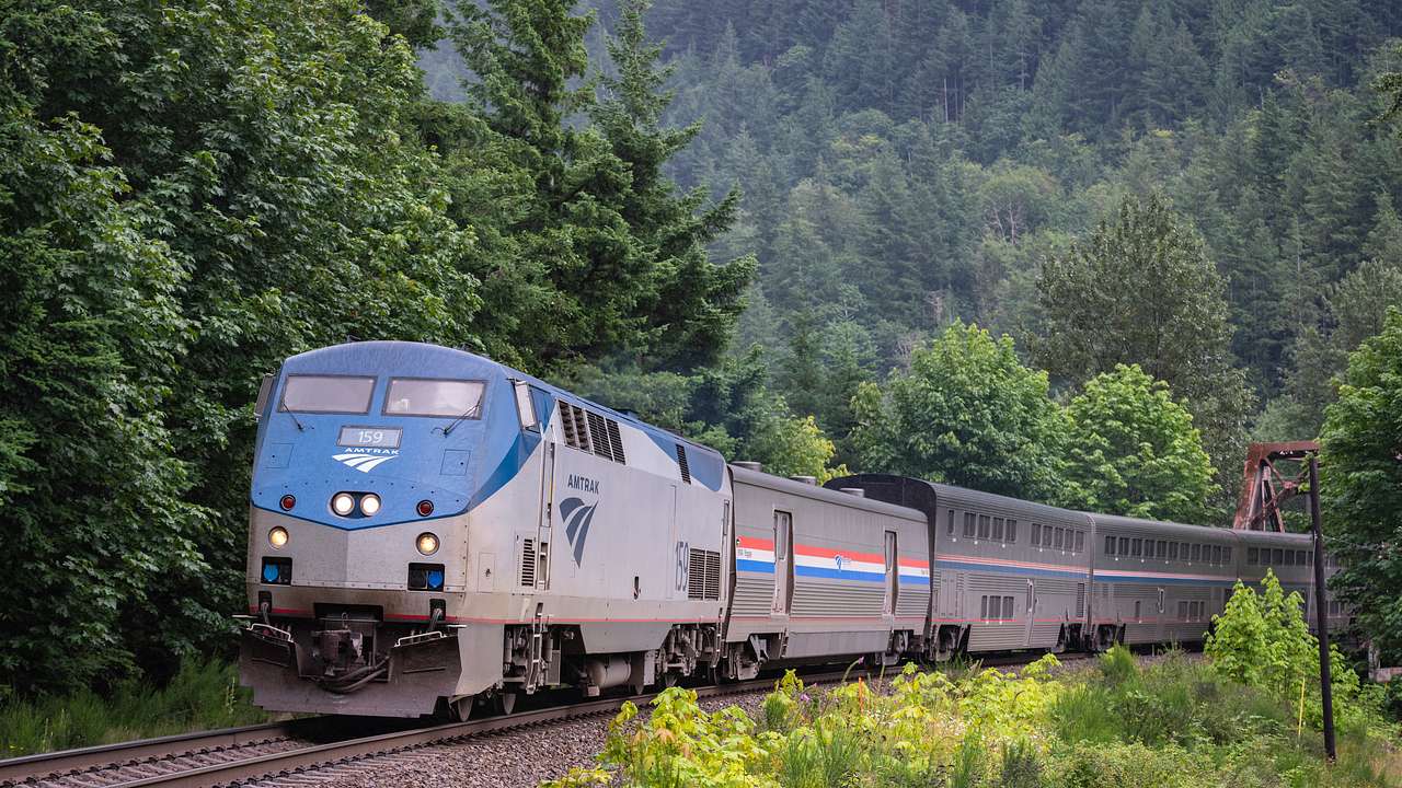 A train on a track with trees in the background