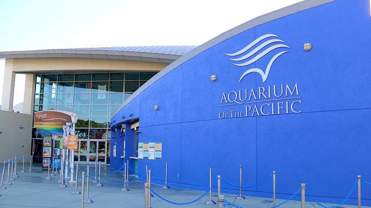 A building with a blue facade next to one with a glass front, facing rope handrails