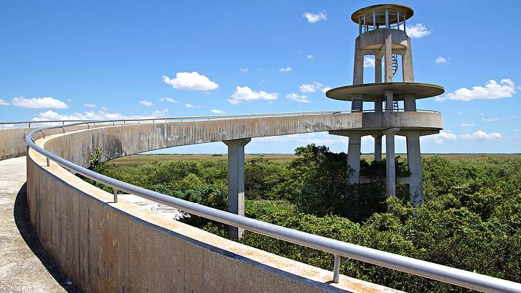 A concrete walkway to an observation tower overlooking greenery on a sunny day