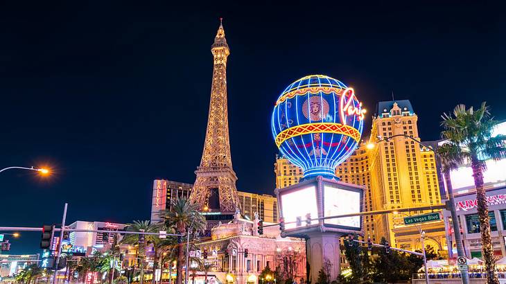 Eiffel Tower in Paris, Las Vegas at night, Nevada, USA