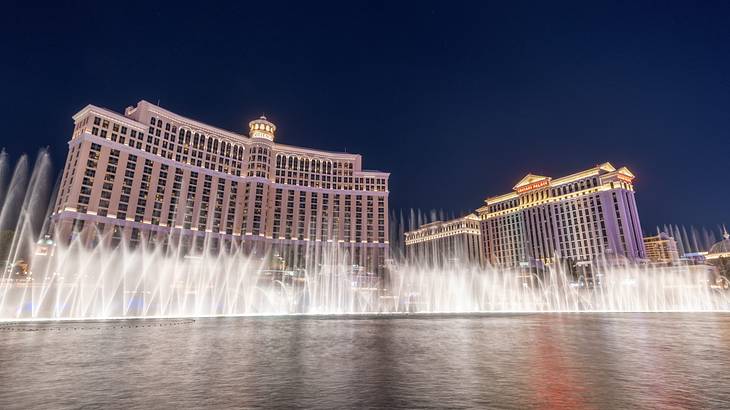 Fountains going off in front of tall buildings, Vegas, Nevada, USA