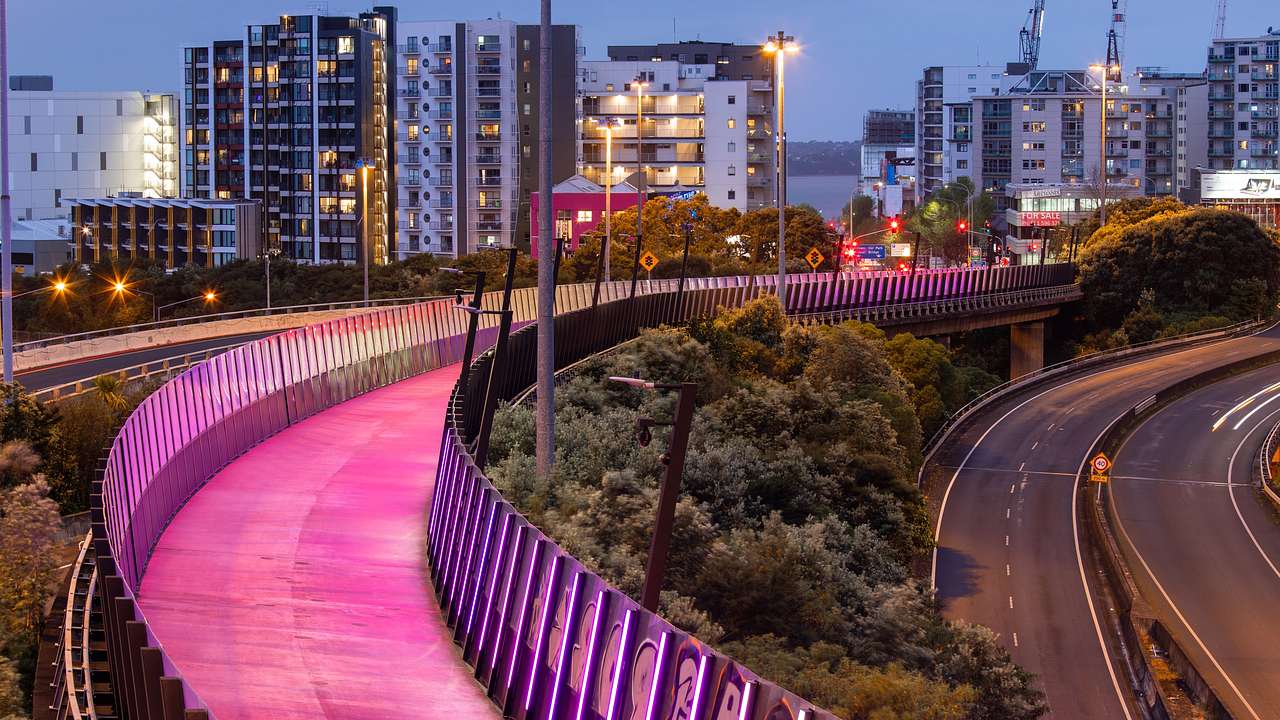 A pink cycle pathway lined with vertical purple lights, with buildings at the back
