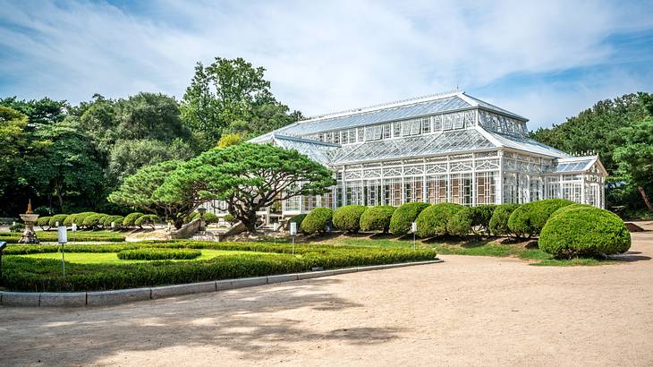 The outside of a glass building facing a garden with trees in the back on a sunny day