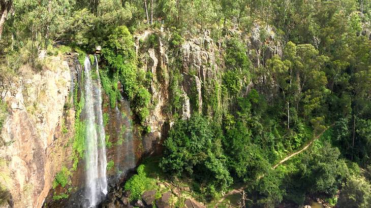A waterfall going over a cliff from above, surrounded by lush greenery