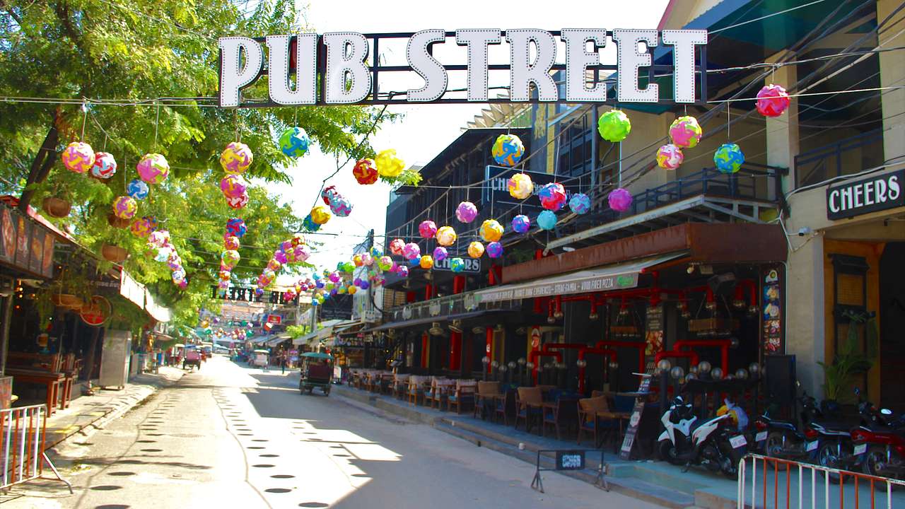 The famous Pub Street in Siem Reap from below on a sunny day