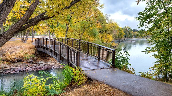 A wooden bridge over a body of water surrounded by trees in autumn colors
