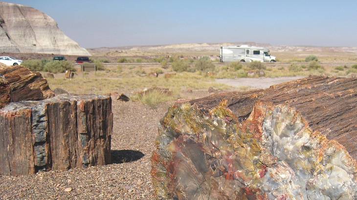 A big chunk of a petrified tree trunk on dry ground with shrubs, with an RV behind
