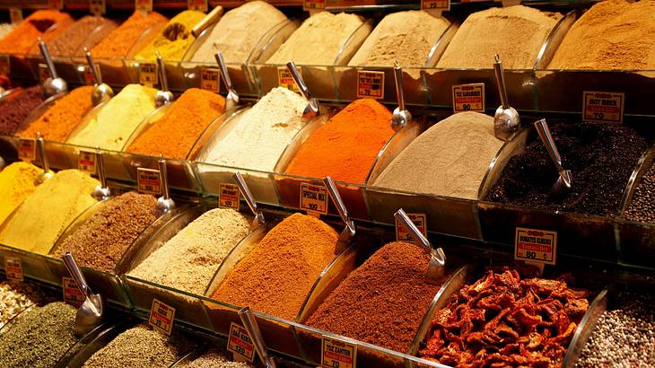 Various spices on display at the Spice Bazaar in Istanbul