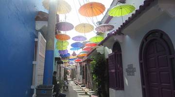A narrow street with buildings each side and hanging colourful umbrellas