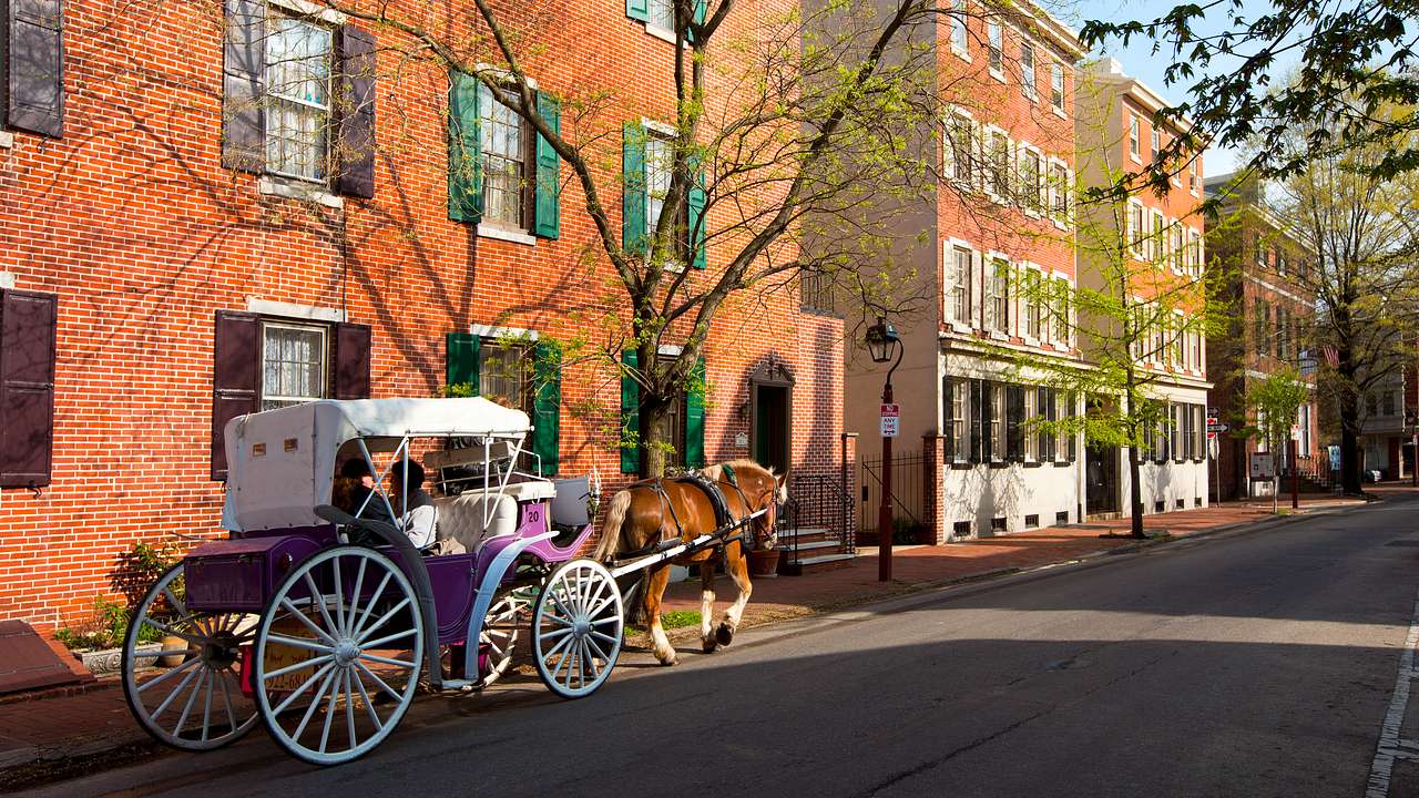 A horse-drawn carriage with buildings in the background