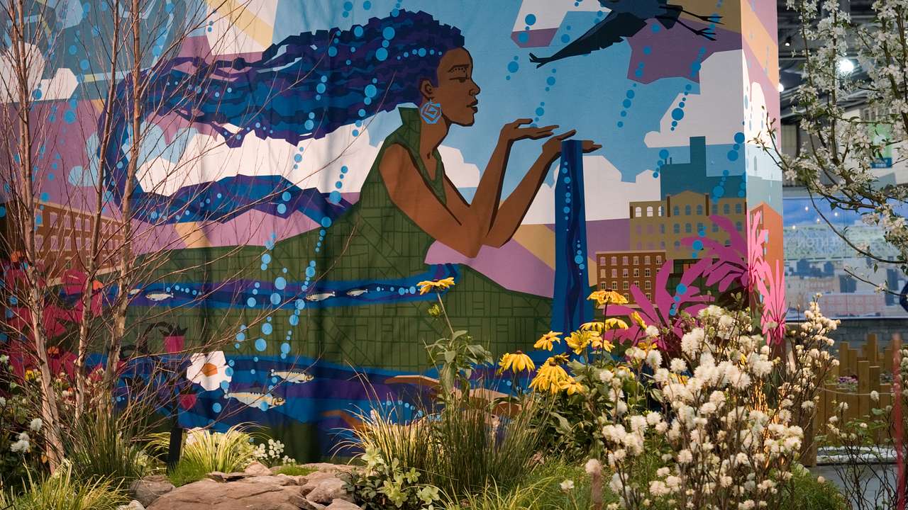 A colorful mural of a woman surrounded by plants and flowers