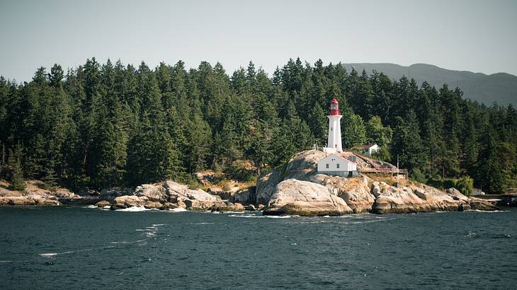 Picture of a lighthouse on a rock, surrounded by trees and the ocean, BC