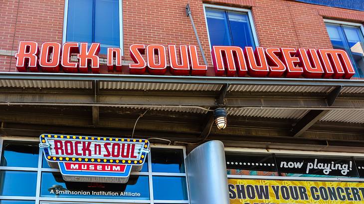 The front of a museum with two "Rock 'n' Soul Museum" signs
