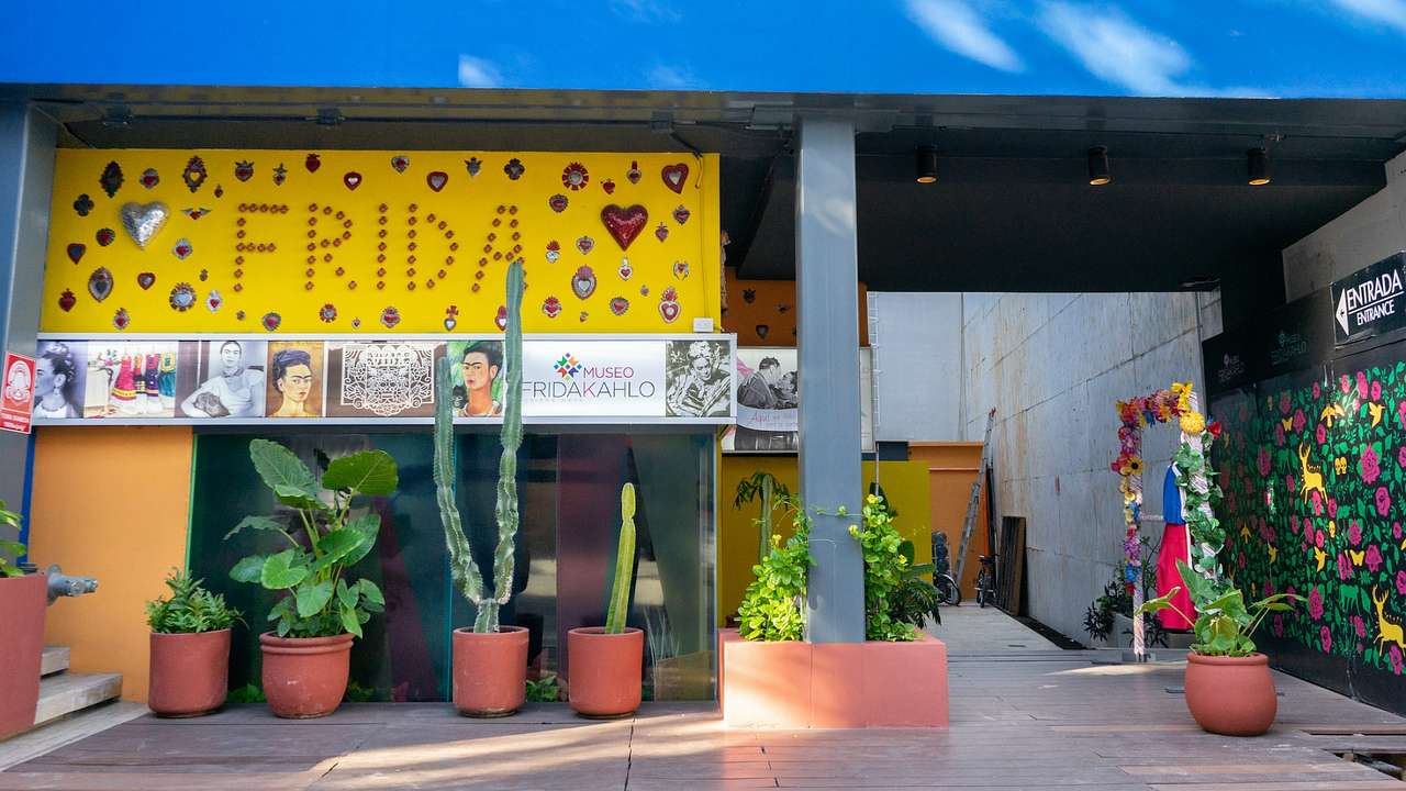 A colourful display on a building that says "Frida" next to plants in pots