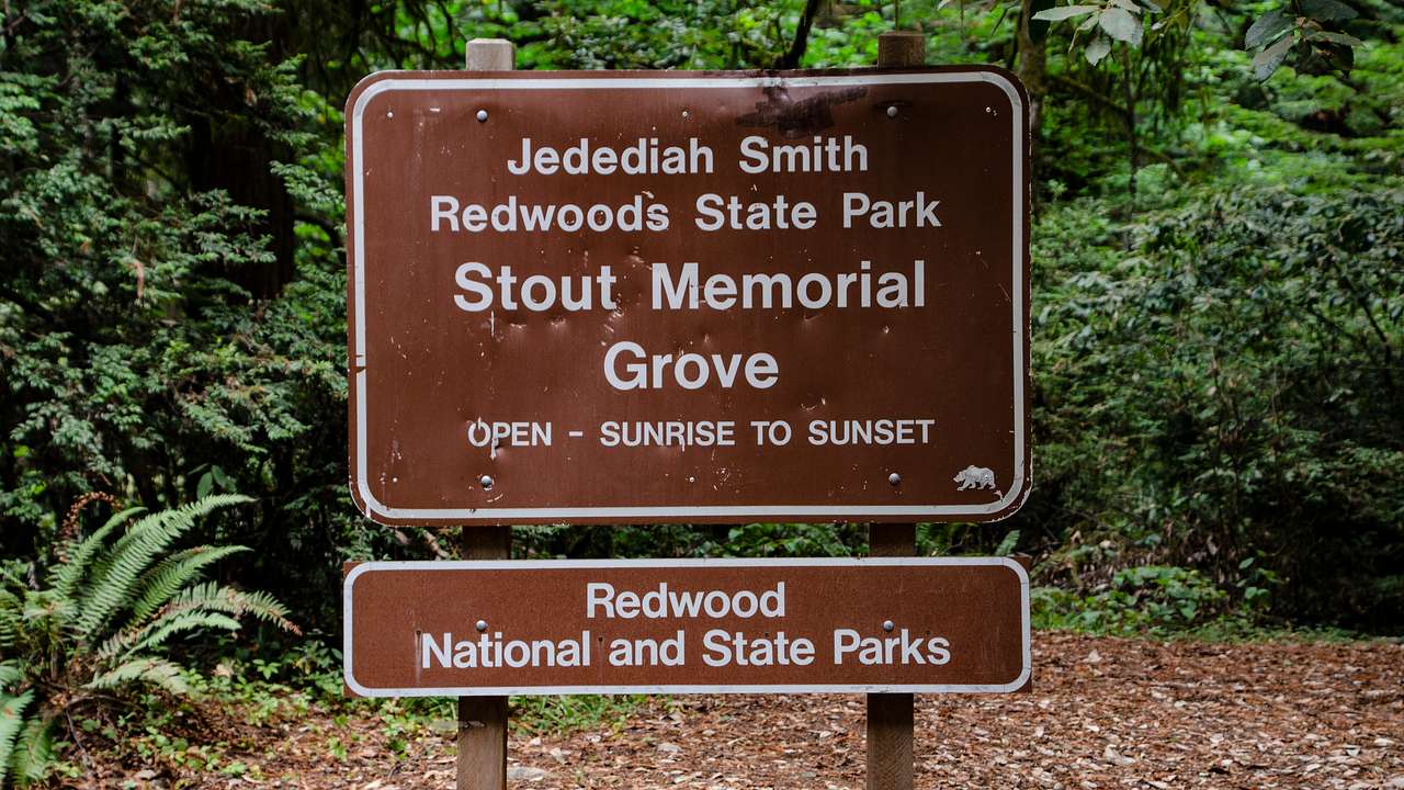 A sign in front of trees that says "Jedediah Smith Redwoods State Park"