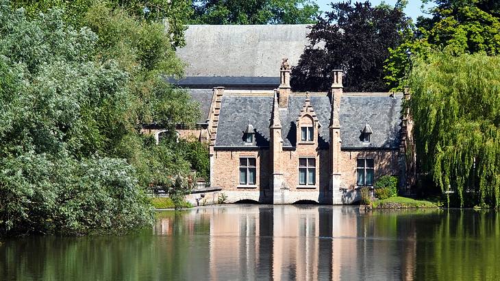 An old castle surrounded by trees by a serene lake on a sunny day