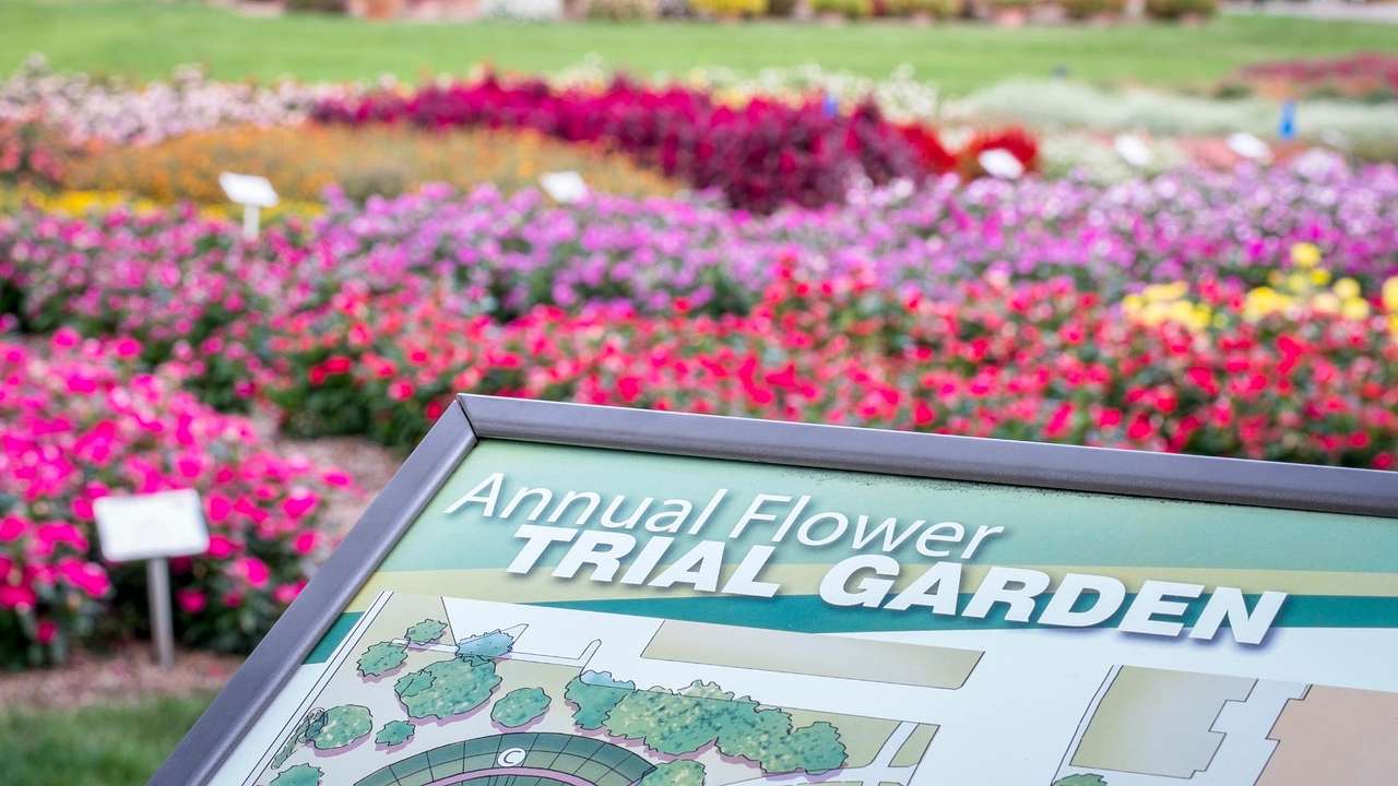 A sign that says "Annual Flower Trial Garden" with colorful flowers in the background
