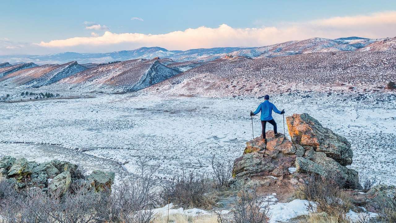 A hiker standing on a boulder surrounded by snow and mountains