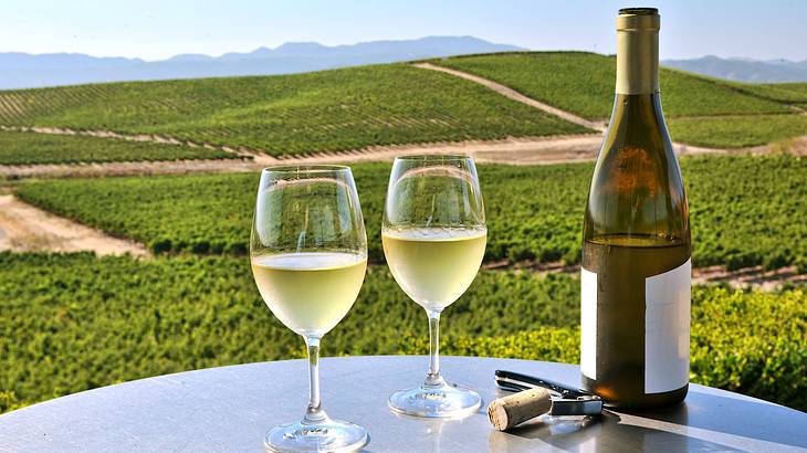 A bottle of wine and half-filled glasses of wine on a table facing a wide vineyard