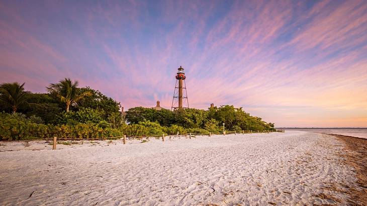 A white-sand beach with a lighthouse standing tall surrounded by vegetation and trees