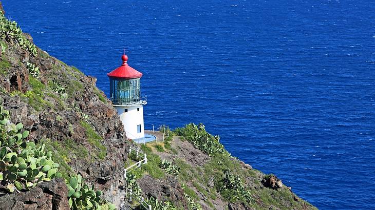 A small lighthouse sitting on greenery covered mountains with the ocean to the side