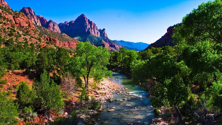 Red rock mountains with a river and trees running between them