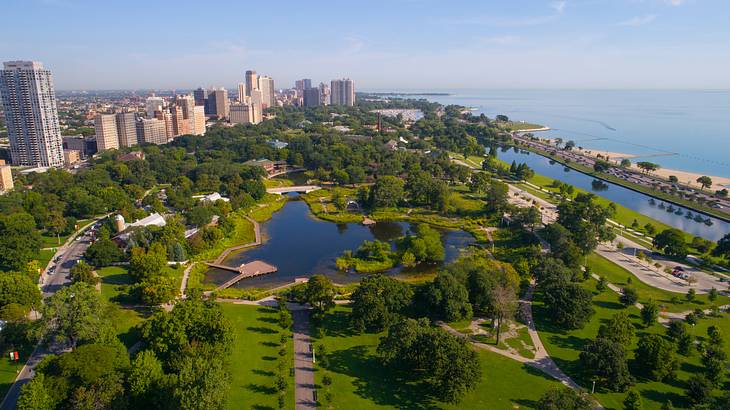 An aerial view of a green urban park with ponds and a skyline in the background