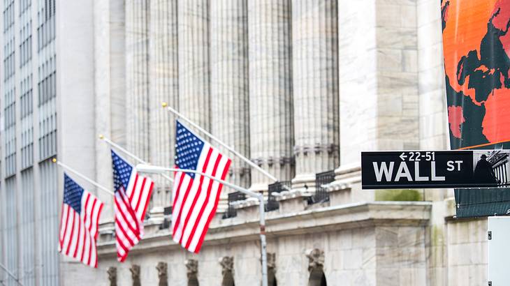 A stone building with columns with three US flags and a Wall Street sign in front