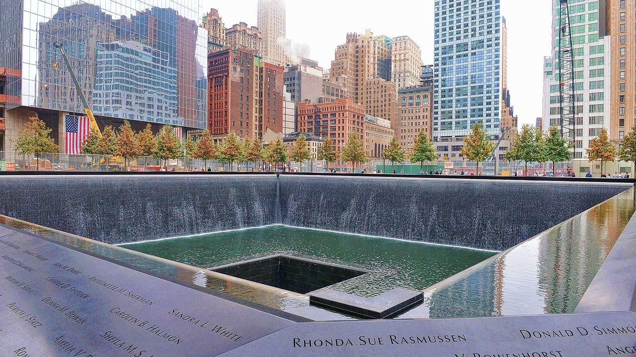 World Trade Center Memorial with a square fountain surrounded by names of victims