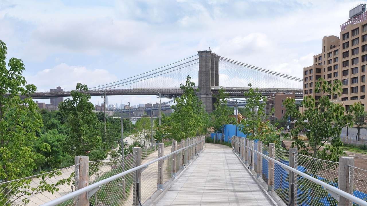 A walkway through greenery with a suspension bridge in front