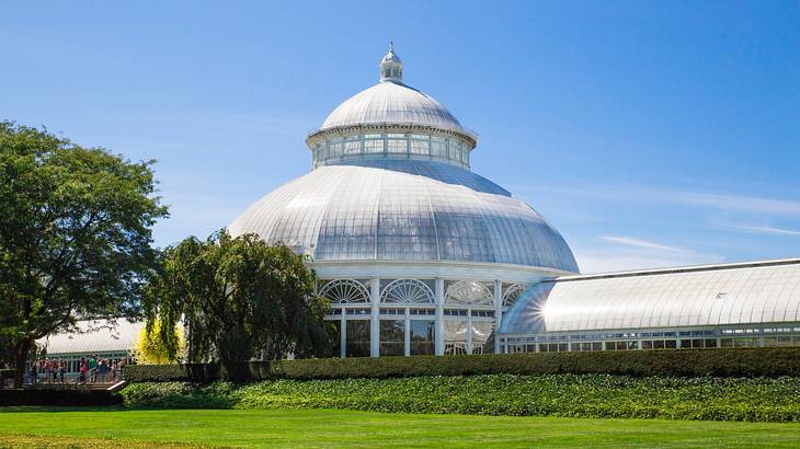 A conservatory building next to green grass and trees on a clear day