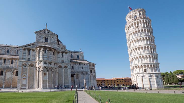 Leaning Tower of Pisa beside the Pisa Cathedral, as seen from a walkway