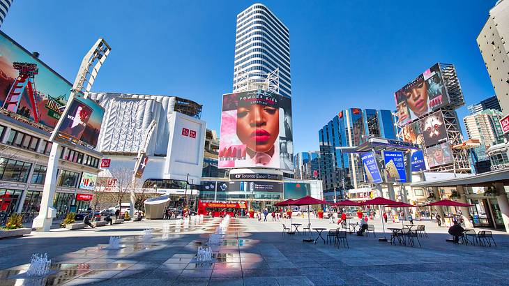 Yonge-Dundas Square surrounded by buildings in Toronto, Ontario, Canada