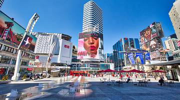 Yonge-Dundas Square surrounded by buildings in Toronto, Ontario, Canada