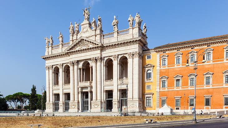The outside architecture of a basilica on a clear sunny day
