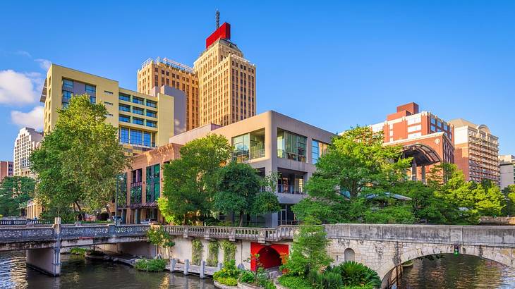 Buildings with green trees, a bridge, and a river in next to them