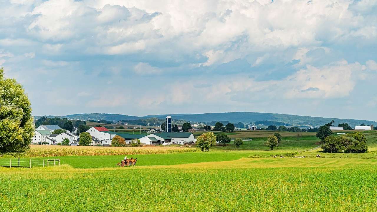 A green farm field with buildings and hills in the distance under a cloudy sky