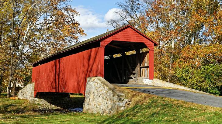 A red covered bridge next to grass and autumn trees