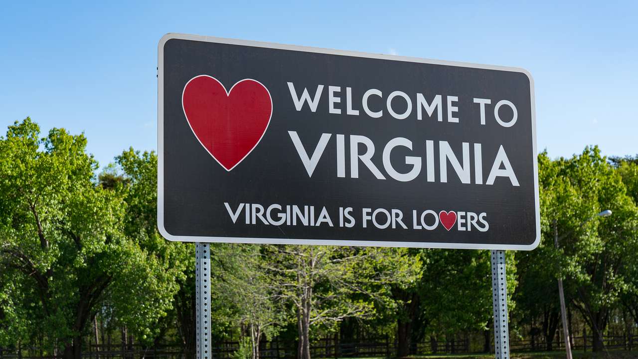 A road sign saying "Welcome to Virginia, Virginia is for Lovers"