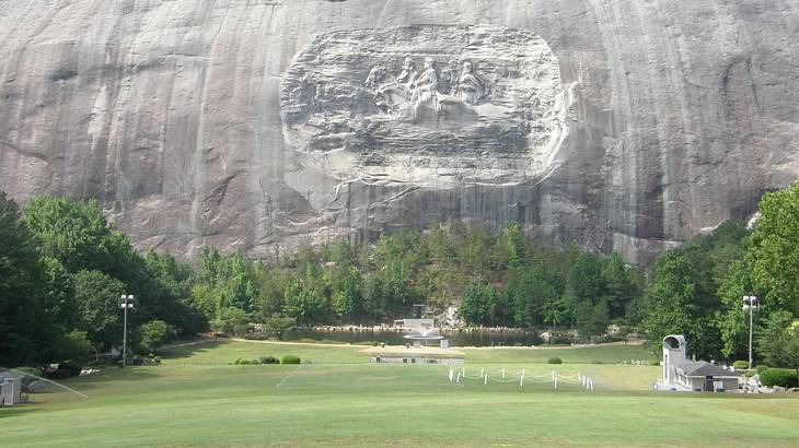 A large stone mountain with a carving on it and trees and grass in front of it