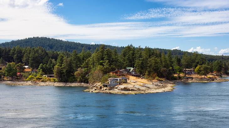 House on a rocky coast with green trees, beside water under a partly cloudy sky