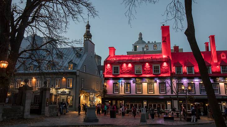 Night view of a city restaurant surrounded by trees