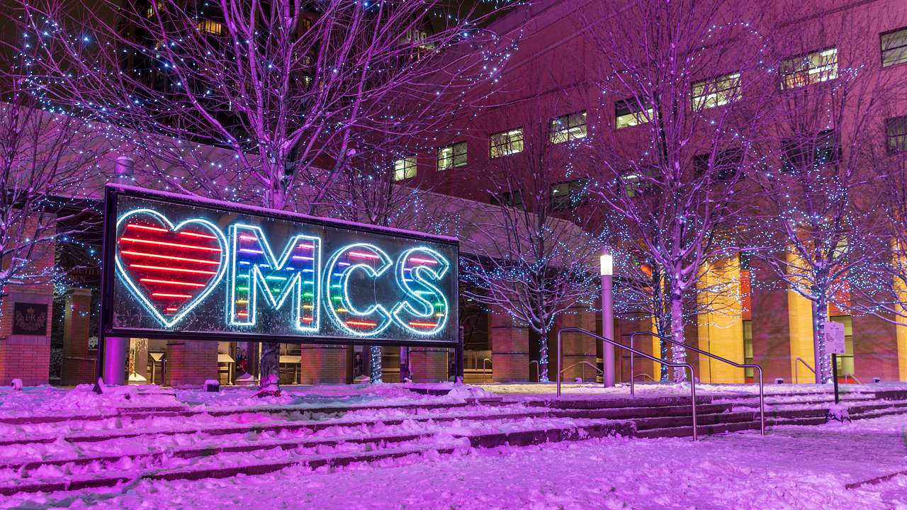 A large MCS neon sign lit up with purple lights at nighttime