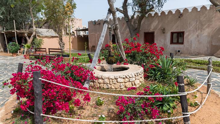 Historical well near old houses, surrounded by bushes and secured by ropes