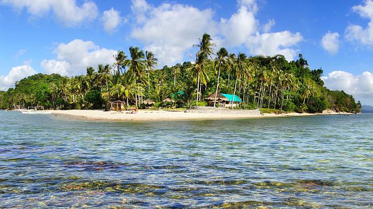 A body of water next to an island with sand and green tall palm trees