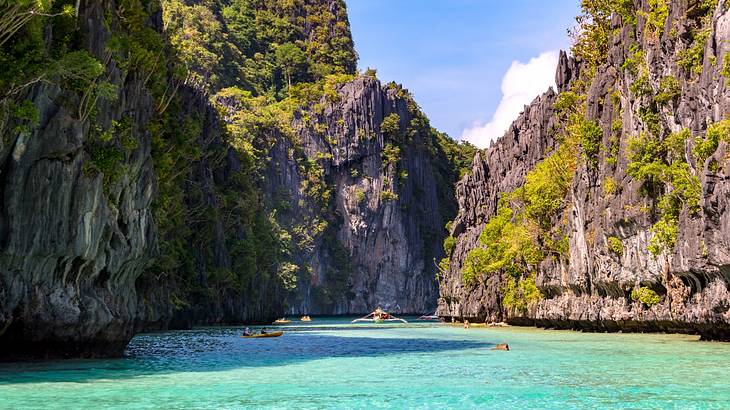 A turquoise lagoon surrounded by tall limestone rocks with greenery on them