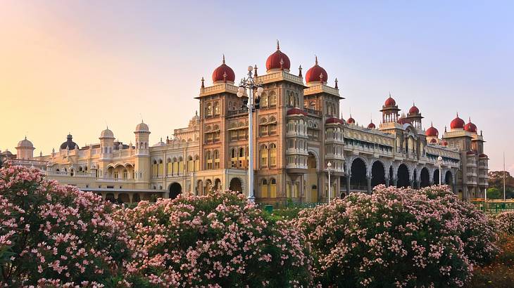 Mysore Palace's stunning exterior with beautiful pink flowers in the front