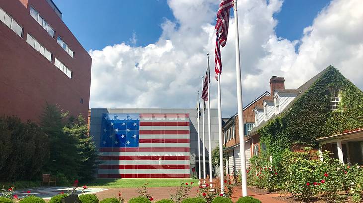 A building adorned with American flags